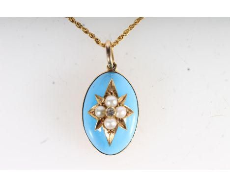 15ct yellow gold blue enamel pendant set with four pearls and central diamond, the pendant of oval form, 6.4g and mounted on 