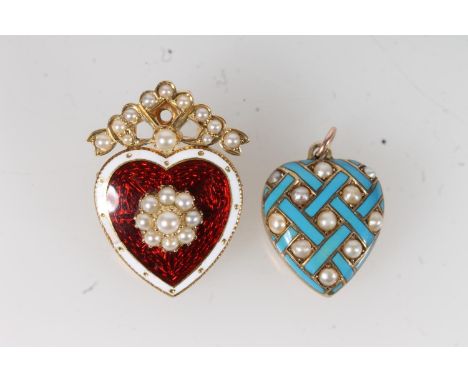 Antique gold red guilloche enamelled pearl set heart shaped mourning brooch, the heart mounted with pearl set surmount and a 