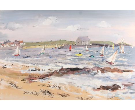 VALERIE FRASER RSW (SCOTTISH b1933) *ARR*  Elie  Mixed media painting, signed lower right, 37cm x 55cm, frame 58cm x 74cm.