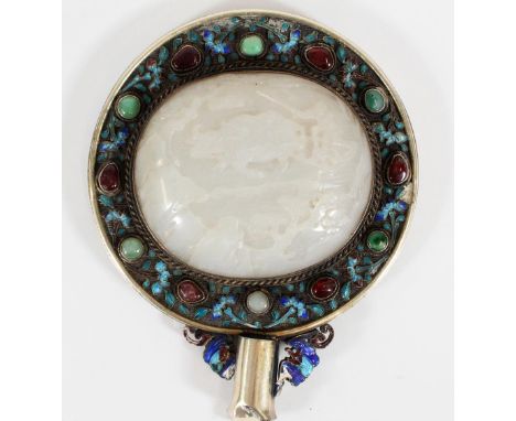 Chinese jade and enamel silver hand mirror head, Republic period, the plate set within silver ruyi mount, verso set with enam