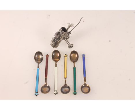 Set of six David Andersen Norwegian silver gilt and enamel teaspoons, together with a hallmarked silver novelty golf bag and 