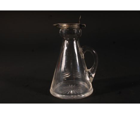 Geo. V whisky noggin, the hinged silver cover over a conical glass bottle with star cut base, Hukin and Heath Birmingham 1922