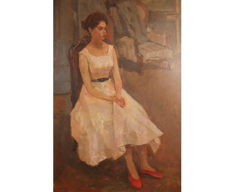 Manner of MERVYN PEAKE (British 1911-1968)  Full length portrait of a lady in gown and red shoes  Oil painting on board, sign