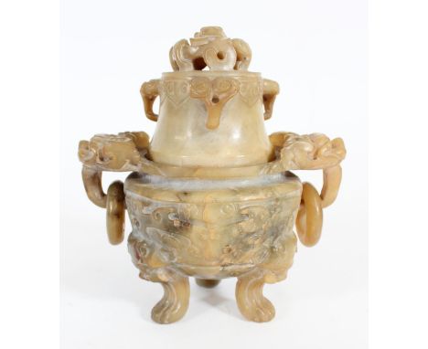 Chinese mottled jade censer, 20th century, the pierced dragon cover with ruyi carvings, over a twin Chilong loop handled vess