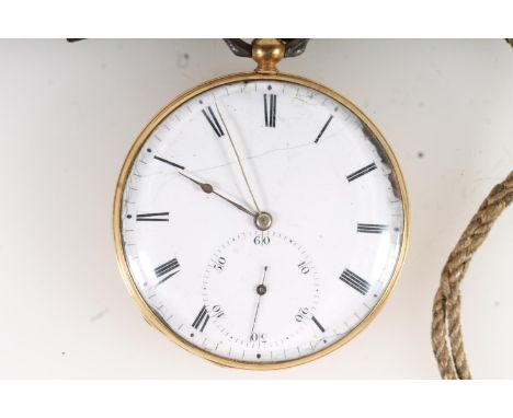 Yellow metal French pocket watch, the white enamel dial with Roman Numeral chapter ring and second subsidiary ring, 'Fabrique