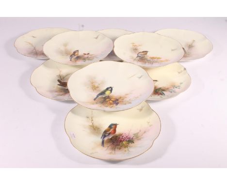 Royal Worcester Ornithological porcelain plates, c1906, each painted with a British garden bird, signed E. Barker, W22cm (9) 