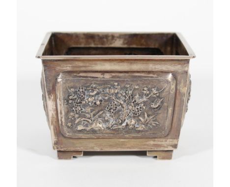 Chinese silver small vase, by Wang Hing of Hong Kong c1900, the vase of square form with four panels embossed  with dragons c