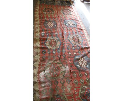Late 19th Century Anatolian Kelim runner, having twin panels of geometric designs, 1.37m x 3.88m
