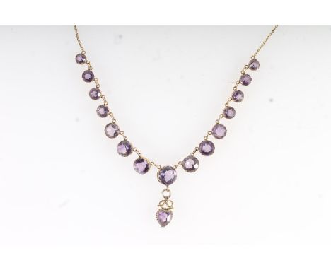 Victorian yellow gold graduated amethyst stone set necklace with love heart shaped drop amethyst pendant, the necklace with b