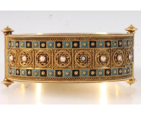 Victorian half decorated hoop bangle, decorated in the Etruscan style set with pearls framed by studded smaller pearls, the b