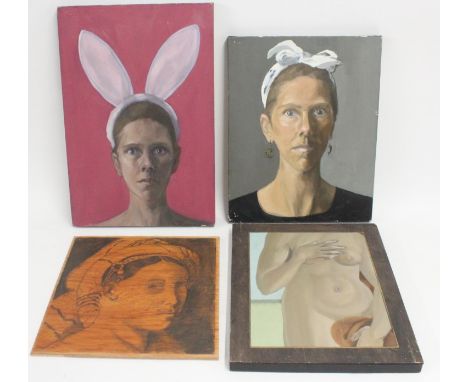 ANNA MILLER (1959-1999) *ARR*  Bust length self portrait  Oil painting on board, signed verso, 46cm x 31cm, another similar a