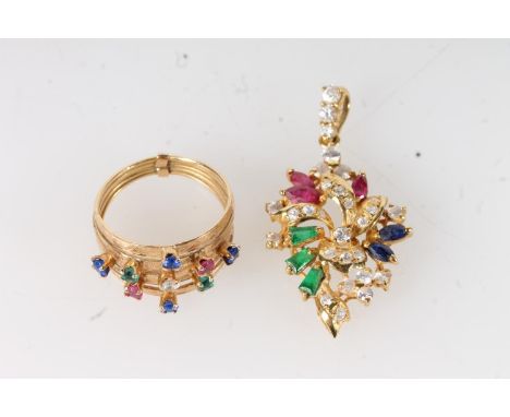 High carat gold drop pendant set with diamonds, rubies, emeralds and sapphires, the back appearing to be stamped '21K', 6g an