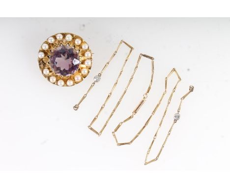 15ct yellow gold necklace set with two diamonds, (a/f), 39cm long, 4.65g and a 9ct yellow amethyst and pearl set round brooch