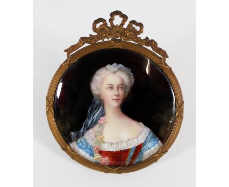 French enamel painted porcelain plaque, late 19th century, of an 18th century bride with diaphanous veil and bouqeut, signed 