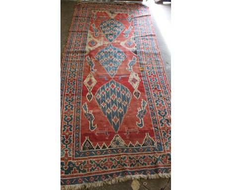Anatolian runner, 19th century, the tomato field with three powder blue pine trees and bird ornament, with triple border, 1.2