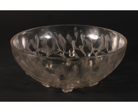 French R. Lalique glass Mistletoe pattern bowl, c1930s, the exterior with moulded glass Mistletoe leaf and berry design, W24c