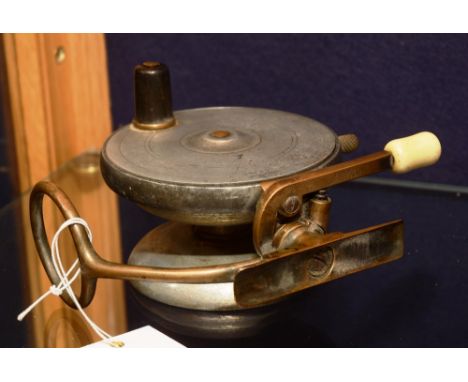 A Malloch's Stonecaster Spinning Reel, with Gibbs patent lever with ivorine handle, with outer pouch