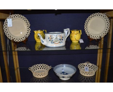 A pair of 19th century Leeds Pottery reticulated basketwork two handled dishes, 23cm diameter, together with a pair of simila