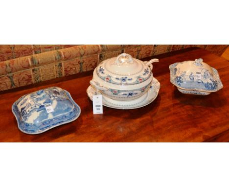 A Hancock & Sons Corona Ware pottery soup tureen with ladle, on stand, the foliate decoration on white ground, together with 