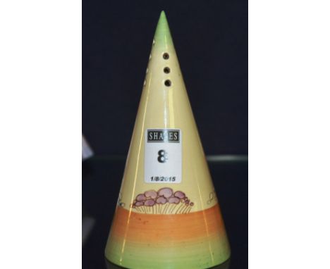 A Clarice Cliff conical sugar sifter, for Wilkinson Ltd England, the handpainted pink, green and blue flowers on cream ground