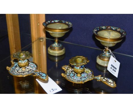 Four late 19th century French cloisonne desk items, decorated with champleve enamel on onyx and brass base, 5 & 10cm high (4)