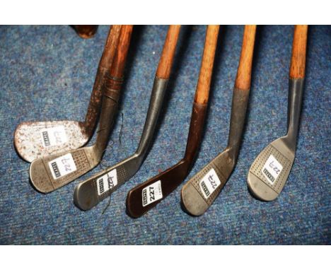Six vintage hickory shafted golf clubs, comprising of Benny Long Iron, North Berwick, 96.5cm long, Mashie Niblick by Cochrane