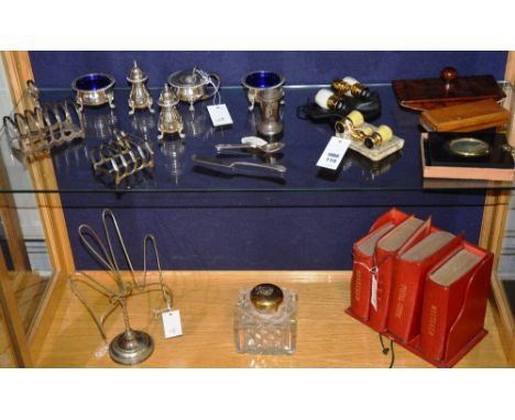 A quantity of collectables to include opera glasses, portrait miniature frames, plated condiments, newspaper holder, and vint