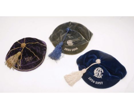 Three vintage sporting caps c.1930's, possibly rugby or cricket related, comprising of one with monogram 1890/91, the purple 