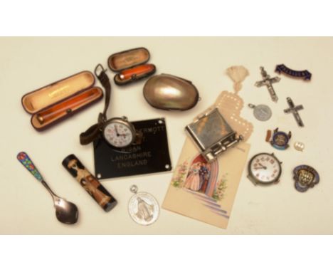 A quantity of collectables, to include two vintage gun metal wristwatches, cheroot holder in case, a Birmingham silver enamel
