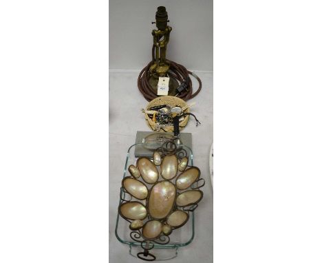 Brass wall mounting ships lamp; along with a shell comport/centrepiece, Jakar drawing instruments and a collection of costume