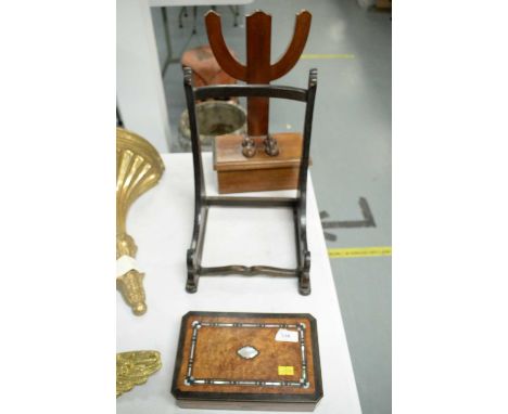 Edwardian mother of pearl inlaid casket, 22.5cms wide; along with a mahogany doorstop formed as a cactus and another. 