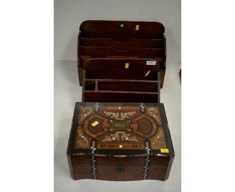 Early 20th Century writing box, inlaid with enamel and mother of pearl decoration, 31cms wide; along with two mahogany letter