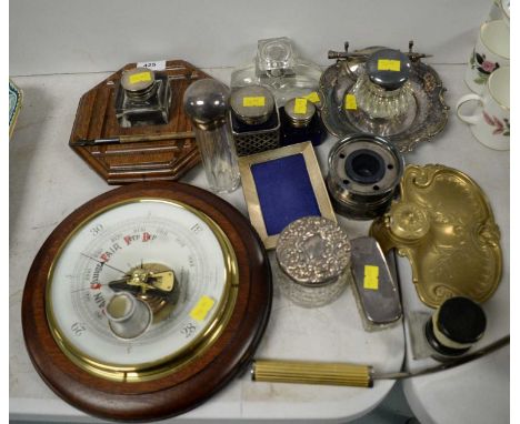 Three silver lidded cut glass jars; along with other items including four various ink stands, photograph frame, two lidded bl