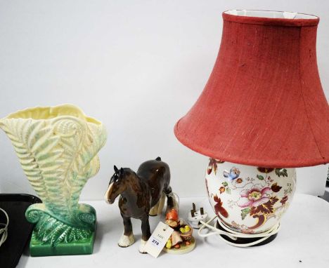 Beswick Fernbank vase, 30cms high; Beswick figure of a shire horse; Masons Mandalay table lamp with shade and a hummel figure