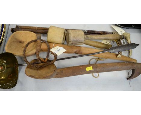 Two early 20th century antler topped riding crops, one with hallmarked silver mounts; along with two treen spoons; brass ladl