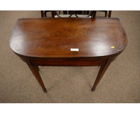 A 19th Century mahogany and ebony lined card table, the shaped and hinged rectangular top enclosing a baize lined playing sur