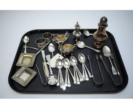 Edwardian silver part condiment set, comprising pepper shaker and a pair of two-handled open salt cellars, makers mark worn, 