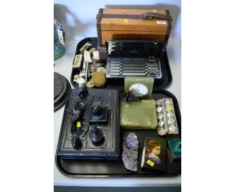 Swiza onyx clock and trinket box; mother of pearl inlaid box and glasses case; ebonised wood carved desk stand; G Marconi Mar