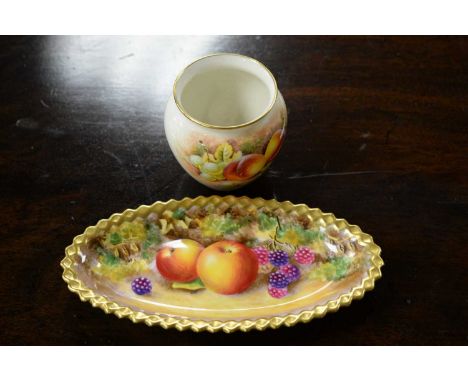 Royal Worcester hand-painted dish, decorated with apples and berries, signed C. Bowen, 18.5cms wide; along with a Royal Worce