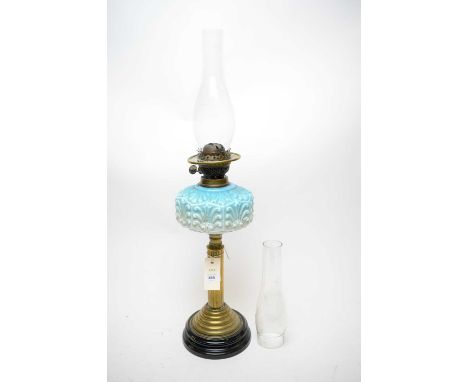 Victorian brass oil lamp, with ombre blue glass reservoir, 70cms high including funnel. 