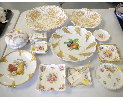 Two Meissen gilt decorated plates, the largest 30cms wide; along with other gilt decorated ceramics including Meissen circula