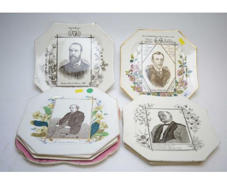 Collection of seven Victorian plaques, each of octagonal form, depicting various historical figures, many within colourful fl
