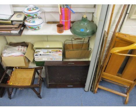 A vintage lot to include a clothes horse, an enamelled ceiling light, a bobbin turned stool, knitting and sewing items, a pro