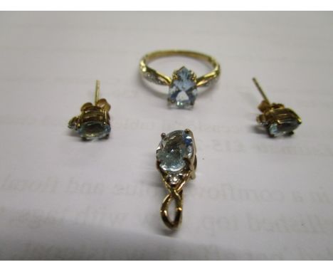 A 9ct yellow gold, aquamarine and diamond ring, pendant and stud earring set