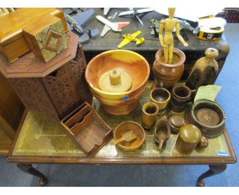 A David Crawford-Thomson wooden sculpture and a quantity of treen items to include a small jointed mannequin