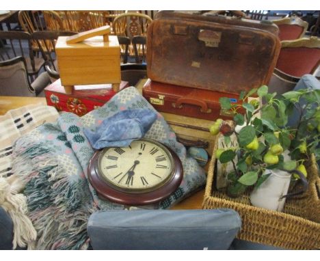 A vintage lot comprising a vintage suitcase, a leather Gladstone style briefcase, a tapestry style throw and other household 