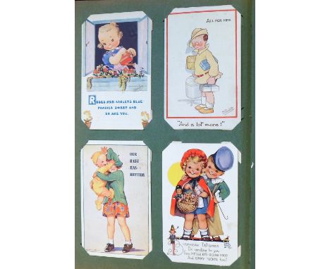 Postcards, a vintage album containing 130+ cards inc. comic, greetings, topographical, printed &amp; RP's inc. various church
