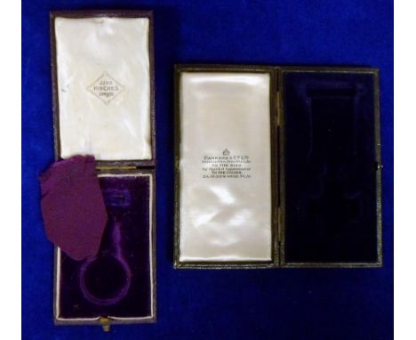 Collectables, 2 medal boxes. DSO box by Garrard and Co Ltd 'Goldsmiths, Jewellers &amp;C to the King' (vg) and O.B.E. MEDAL b