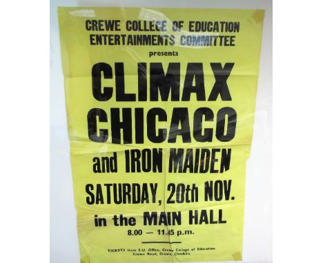 Music Poster, Climax Chicago &amp; Iron Maiden gig poster 20 Nov 1976 at Crewe College of Education, 20" x 30", (tape marks t