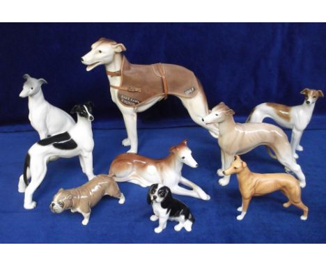 Collectables, 9 ceramic dogs - with 7 greyhound racing related inc. a large model of 'Suez Canal, 1967', approx 30 cms tall i